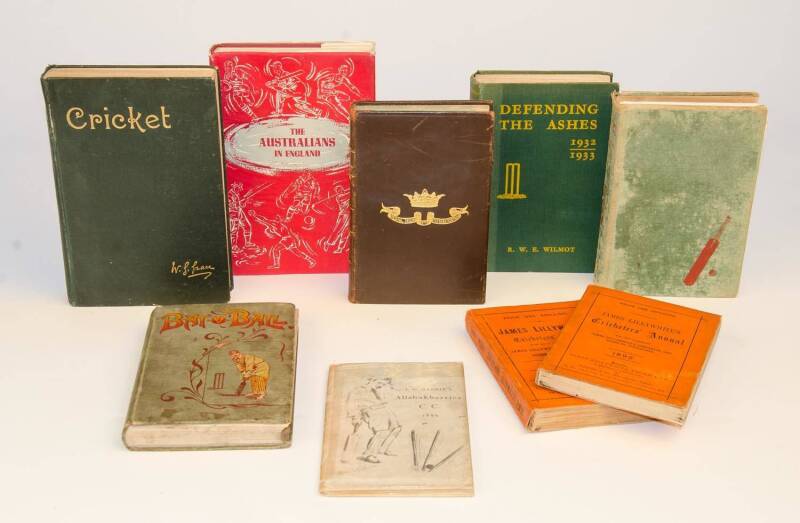 CRICKET BOOKS, noted "James Lillywhite's Cricketers' Annual" for 1892 & 1898; "And Then Came Larwood" by Mailey (signed twice by Harold Larwood); "Defending the Ashes 1932-1933" by Wilmot; "Bodywhine!" by Blundell & Branson (missing covers). Poor/G condit