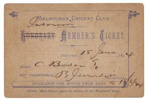 MELBOURNE CRICKET CLUB: Honorary Member's Season Ticket (Honorary crossed out & "Interim" written above) issued 15 June 1894, signed by Ben Wardill (manager of the 1886, 1899 & 1902 Australian teams to England). G/VG.