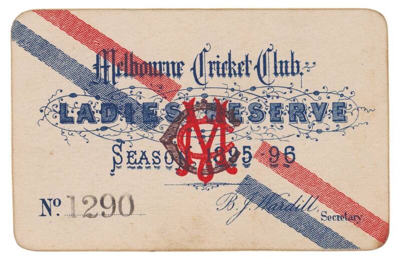 MELBOURNE CRICKET CLUB: 1895-96 Ladies Reserve Season Ticket, "Melbourne Cricket Club, Ladies Reserve, Season 1895-96. No.1290". G/VG.