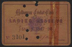 MELBOURNE CRICKET CLUB: 1897-98 Ladies Reserve Season Ticket, "Melbourne Cricket Club, Ladies Reserve, Season 1897-98. No.3101", with hole punched for each day attended. Fair condition (repaired tear at right).