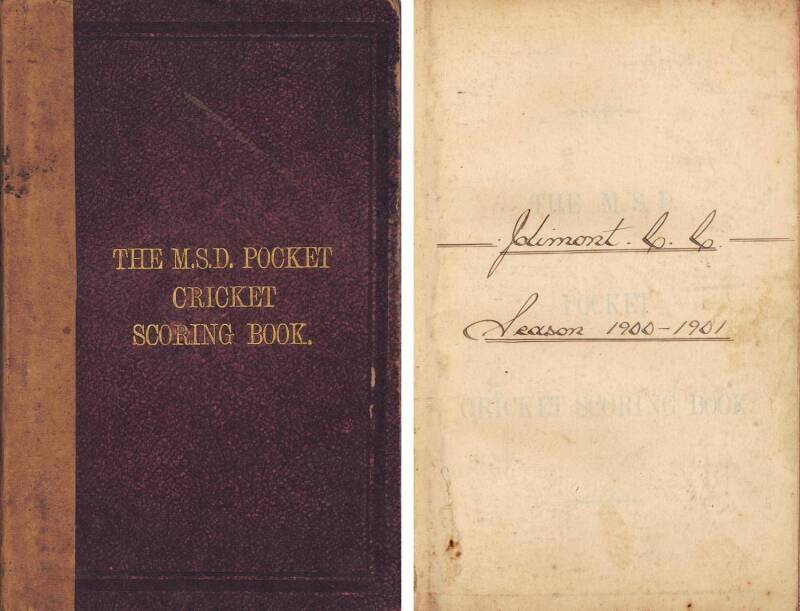 JOLIMONT CRICKET CLUB: Group including Scoring Book with scores for Jolimont's matches in 1900-01; Member's Season Ticket for 1901-2; 1898 Grand Concert programme; 1897-98 team photograph; 1899 Victoria 1d Postal Card used from Fitzroy CC to Jolimont CC;