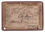 MELBOURNE CRICKET CLUB: 1898-99 Member's Season Ticket, maroon leather cover with gilt MCC logo & "1898=9" on front. No.3294 C.G.Boden. G/VG. Together with a photograph of C.G.Boden in his batting stance at the MCG. - 2