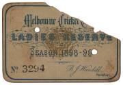 MELBOURNE CRICKET CLUB: 1898-99 Ladies Reserve Season Ticket, "Melbourne Cricket Club, Ladies Reserve, Season 1898-99. No.3294", with hole punched for each day attended. Fair condition&nbsp;(missing piece top right).