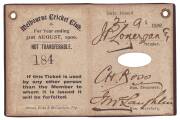 MELBOURNE CRICKET CLUB: 1899-1900 Member's Season Ticket, maroon leather covers with gilt MCC logo & "Season 1899=1900" on front. No.184 J.P.Lonergan. G/VG. - 2