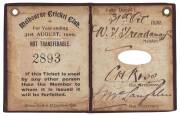 MELBOURNE CRICKET CLUB: 1899-1900 Member's Season Ticket, maroon leather covers with gilt MCC logo & "Season 1899=1900" on front. No.2893 W.T.Treadaway, inside with faint red "C" for Country member. Fair/G. - 2