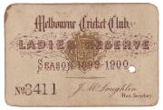 MELBOURNE CRICKET CLUB: 1899-1900 Ladies Reserve Season Ticket, "Melbourne Cricket Club, Ladies Reserve, Season 1899-1900. No.3411", with hole punched for each day attended. Good condition.