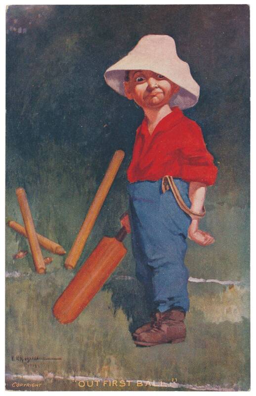 CRICKET POSTCARDS: c1900-90 collection on leaves, noted 1906 Kinsella set [6]; Raphael Tuck "At The Wicket" Post Card Series by Lance Thackeray [4]. Mainly G/VG.