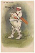CRICKET POSTCARDS: c1900-90 collection on leaves, noted 1906 Kinsella set [6]; Raphael Tuck "At The Wicket" Post Card Series by Lance Thackeray [4]. Mainly G/VG. - 2