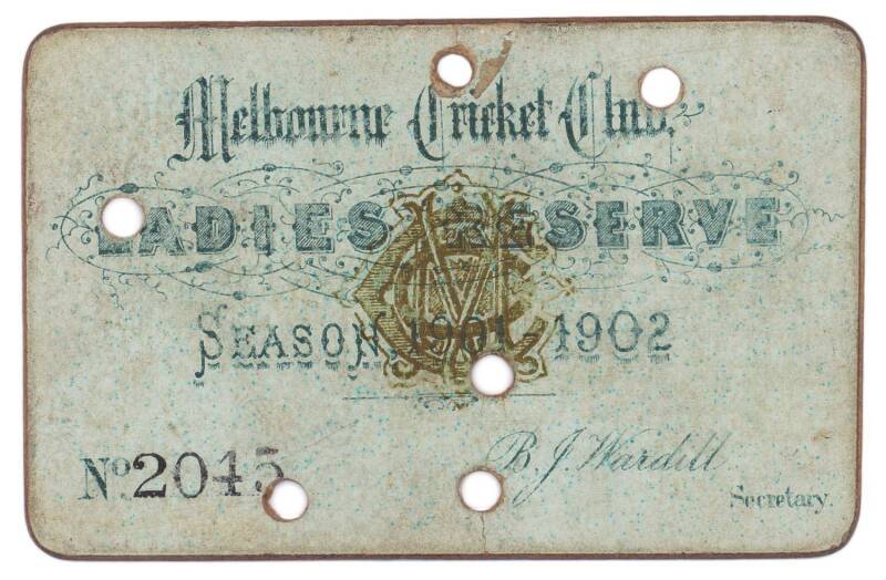 MELBOURNE CRICKET CLUB: 1901-02 Ladies Reserve Season Ticket, "Melbourne Cricket Club, Ladies Reserve, Season 1901-1902. No.2045", with hole punched for each day attended. Good condition.
