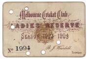 MELBOURNE CRICKET CLUB: 1903-04 Ladies Reserve Season Ticket, "Melbourne Cricket Club, Ladies Reserve, Season 1903-1904. No.1994", with hole punched for each day attended. Good condition.