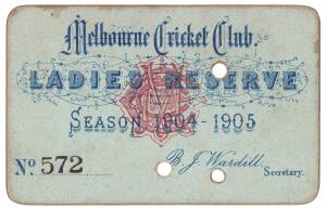 MELBOURNE CRICKET CLUB: 1904-05 Ladies Reserve Season Ticket, "Melbourne Cricket Club, Ladies Reserve, Season 1904-1905. No.572", with hole punched for each day attended. Good condition.