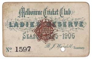 MELBOURNE CRICKET CLUB: 1905-06 Ladies Reserve Season Ticket, "Melbourne Cricket Club, Ladies Reserve, Season 1905-1906. No.1597", with hole punched for each day attended. Good condition.