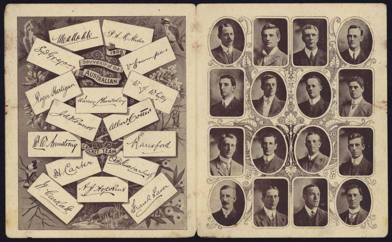 1909 AUSTRALIAN TOUR TO ENGLAND: "1909 Souvenir of the Australian Cricket Team", 4-pages, with facsimile autographs & fixture list. Fair/Good condition.