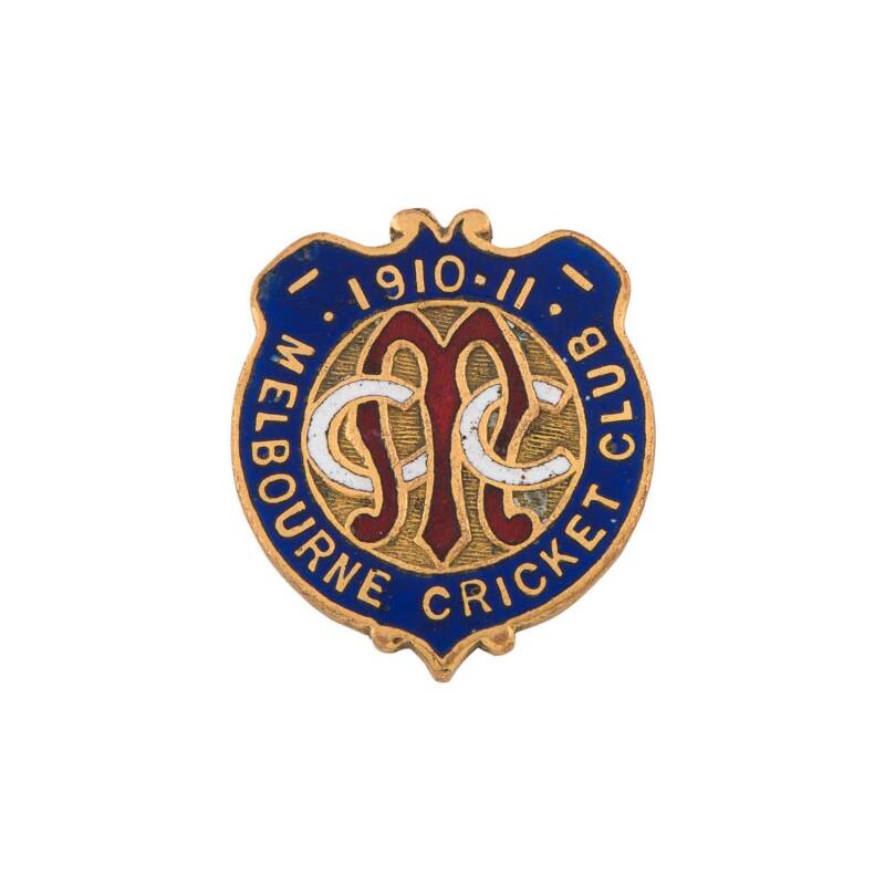 MELBOURNE CRICKET CLUB, 1910-11 membership badge, made by P.J.King, No.3(   ). At some stage was converted to a hat pin with blob of metal covering number (pin now missing).