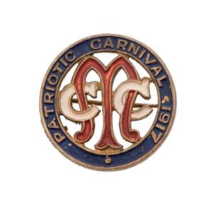 MELBOURNE CRICKET CLUB, scarce badges "MCC/ PATRIOTIC CARNIVAL 1917", one in sterling silver with patriotic ribbon attached (sold at half guinea), other normal (sold at 2/6).