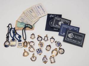 CARLTON CRICKET CLUB, group with membership badges (21) from 1926-27 to 1965-66; 150 Years 1864-2004 badge; Member's season tickets (4) for 1945-46, 1947-48, 1952-53 & 1953-54; plus "Admit to Football/Cricket Club" season tickets (6) from 1958 to 1967.