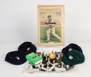 BALANCE OF CRICKET COLLECTION, nice collection with team photographs, cricket prints, board game, range of ephemera, cricket cards etc. Noted c1930's newspaper supplements in album; Don Bradman signed photograph; handkerchief signed by Channel 9 commentar