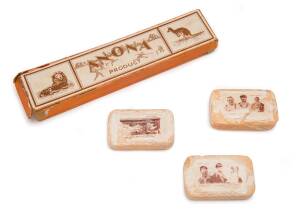 c1932-33 ENGLAND "BODYLINE" TOUR TO AUSTRALIA: Gift box of three Anona soaps, lid with cricket scene, lion & kangaroo. Impressions on face of soaps (1) "The Score Board at Melbourne"; (2) H.Sutcliffe, D.R.Jardine, W.R.Hammond; (3) W.M.Woodfull, W.A.Oldfie