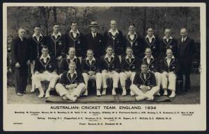 1934 AUSTRALIAN TOUR: Postcard "Australian Cricket Team, England, 1934" with 5 signatures on reverse - Don Bradman, Bert Oldfield, Bill Ponsford, A.G.Chipperfield & W.C.Bull; plus tour guide "Australia's 18th Cricket Tour of England 1934".