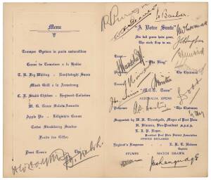 1935-36 ENGLAND TOUR TO AUSTRALIA: Rare menu "Luncheon Given by The Broken Hill Associated Smelters Pty Ltd, in honour of the visit of Marylebone Cricket Club team, on Tuesday 5th November 1935 at 1.30pm, at the Royal Exchange Hotel - Port Pirie", with 54