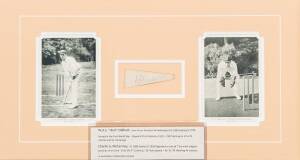 DON BRADMAN, signature on photograph of the Don being carried off after fracturing his ankle in the 1938 5th Test at the Oval; nice signature on colour photograph of Bradman Oval Bowral NSW together with envelope in Bradman's handwriting. Plus display com