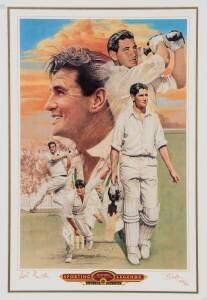 KEITH MILLER, "Sporting Legends - Keith Miller, Australian Cricketer" print by Brian Clinton, signed by Keith Miller and the artist, numbered 496/500, window mounted, framed & glazed, overall 69x93cm. [Proceeds to Kids Under Cover].