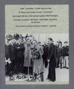 1948 AUSTRALIAN TEAM, reprinted photograph (19x14cm) of the team arriving at Tilbury Docks, with 6 signatures - Don Bradman, Doug Ring, Arthur Morris, Ian Johnson, Bill Brown & Keith Miller.