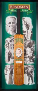 DON BRADMAN: Display "Bradman - Master Batsman" comprising signature on piece affixed to Cricket Bat, mounted in attractive display case, overall 58x118cm. With CoA.