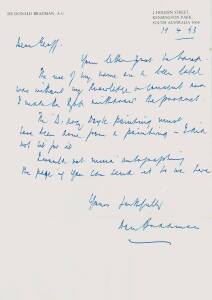 DON BRADMAN: nice signature on 1993 letter on "Sir Donald Bradman AC" letterhead regarding his name on a beer label without his consent; plus a letter from his grand-daughter Greta Bradman on the same letterhead dated two days after his death.