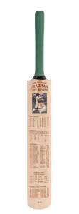 DON BRADMAN, signed card affixed to "Sir Donald Bradman Test Review" Cricket Bat, engraved with all Bradman's Test Centuries.