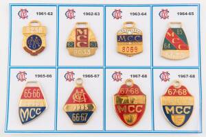 MELBOURNE CRICKET CLUB, membership badges almost complete run 1950-51 to 1990-91 (missing 1957-58 & 1969-70), plus one undated & 3 spares.