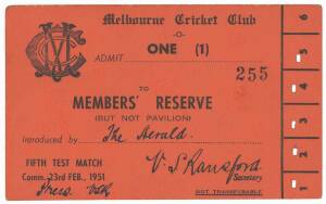 MELBOURNE CRICKET CLUB: Ticket to Members' Reserve for 5th Test Match, punched for first 5 days, with message & signature of Harold Larwood on reverse.