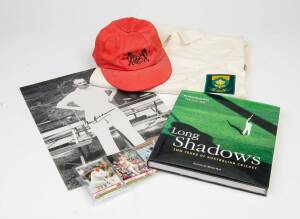 BALANCE OF CRICKET COLLECTION, noted prints signed by Don Bradman (2) & Neil Harvey; photograph signed by Brian Lara; other autographs (20); cricket clothing; team photographs etc. Inspection will reward.