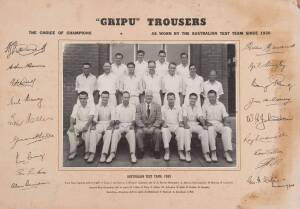 GRIPU TROUSERS ADVERTS, comprising team photo with facsimile autographs, noted Australia 1953, 1954, c1954-55, 1961-62, 1964; England 1954-55. Poor condition.