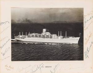 1954-55 England Team to Australia, photo of Orient Line SS Orsova with 18 signatures (some faded) on mount, including Len Hutton, Peter May, Alec Bedser & Frank Tyson, framed & glazed, overall 32x27cm.