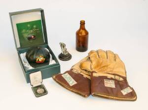 BALANCE OF CRICKET COLLECTION, noted pair of c1950s "Perfect Test" wicket-keeping gloves designed by Bert Oldfield; ceramic "Baggy Green" cap (limited edition 34/500); packet of Cricket & Golf Spikes; cricket medallions (4) & trophy; badge of J.Hardstaff;