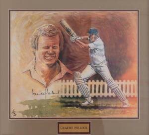 GRAEME POLLOCK, print by Lou Hemmings, signed by Graeme Pollock and the artist, numbered 80/100, window mounted, framed & glazed, overall 57x52cm. [Graeme Pollock played 23 Tests for South Africa 1963-70].