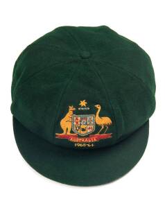 RICHIE BENAUD'S AUSTRALIAN "BAGGY GREEN" TEST CAP, from his last Test series, green wool, embroidered Australian Coat-of-Arms & "1964" on front, endorsed inside "R.Benaud 11/63". VG condition.