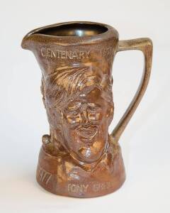 1977 CENTENART TEST: Bendigo Pottery character jug with heads of Tony Greig & Greg Chappell, limited edition No.98, 17cm tall.