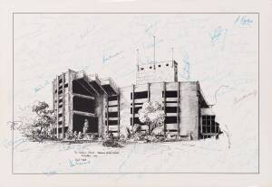 1977 CENTENARY TEST: Print "The Western Stand, Melbourne cricket Ground" with c117 signatures including Don Bradman, Richie Benaud, Len Hutton, Alec Bedser, Eric Bedser, Jack Ryder, Ray Lindwall & Harold Larwood, framed & glazed, overall 52x36cm.