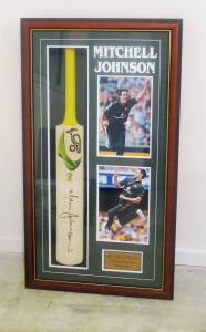 SIGNED DISPLAYS, noted Mitchell Johnson signature on full size "Kookaburra" cricket bat in display case; Shane Warne signed display; Matthew Hayden signed "Imposing Force" print, limited edition 1/359. All framed, largest 60x107cm.