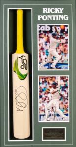 RICKY PONTING, signature of full size Cricket Bat, mounted in attractive display case with two action photographs; overall 60x107cm. With CoA.