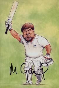 TEST CRICKETERS: Signed 4"x6" photographs of caricatures, noted Mike Gatting, Alec Stewart, Jeff Thomson, Lance Cairns, Shoaib Akhtar & Dickie Bird.