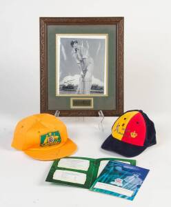 BALANCE OF COLLECTION, noted framed photographs of Don Bradman (3 - one signed); Don Bradman signature on Australia Post poster; England v Bradman XI cap; Rod Marsh signed cap; MCC menus (6 - some signed); Invitation to Bradman's Memorial Service.