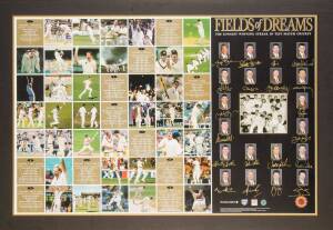 "FIELD OF DREAMS", lithograph celebrating the longest winning streak in Test Match Cricket, signed by 20 Australian cricketers including Steve Waugh, Glenn McGrath, Shane Warne & Colin Miller; limited edition 156/500, window mounted, framed & glazed, over