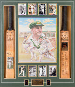 DON BRADMAN DISPLAY, comprising signature on replica "Sykes -Don Bradman" Cricket Bat, mounted with another replica "Sykes -Don Bradman" Cricket Bat engraved with Bradman's Test centuries, plus Print of Bradman & eight pictures, framed & glazed, overall 9