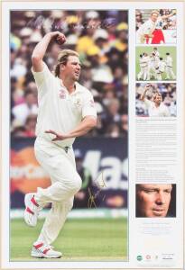 SHANE WARNE: "700 Wickets" signed display, limited edition 211/350. Includes a piece of one of the shirts he wore during the 4th Ashes Test, when he took his 700th wicket. Framed & glazed, overall 76x56cm. With CoA.