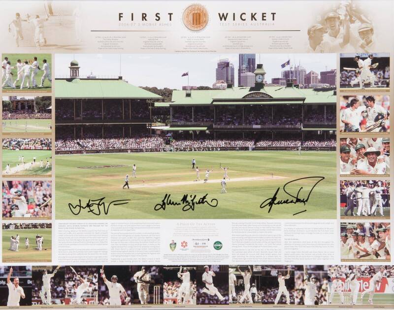2006-07 AUSTRALIAN TEAM: "First Wicket" display signed by Shane Warne, Glenn McGrath & Justin Langer; limited edition 263/350. Includes section taken from one of the cricket stumps used in the first Test. Framed & glazed, overall 64x75cm. With CoA.