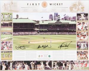 2006-07 AUSTRALIAN TEAM: "First Wicket" display signed by Shane Warne, Glenn McGrath & Justin Langer; limited edition 273/350. Includes section taken from one of the cricket stumps used in the first Test. Framed & glazed, overall 64x75cm. With CoA.