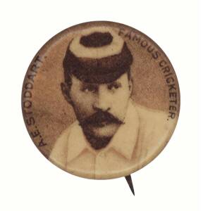 1897 British American Tobacco (issued in Australia) badges "Famous Cricketers", complete set [14] - A.E.Stoddart, E.Wainwright, W.Storer, J.T.Hearne, A.C.Maclaren, J.R.Mason, John Briggs, Kumar Shri Ranjitsinhji, G.H.Hirst, N.F.Druce, J.H.Board, T.Richard